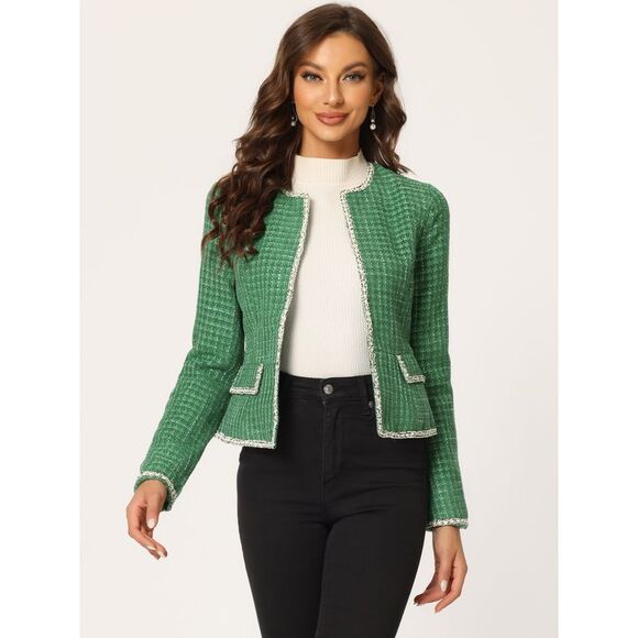 Plaid Tweed Blazer Long Sleeve Open Front Workwear Short Jacket Green - Picture 3 of 6